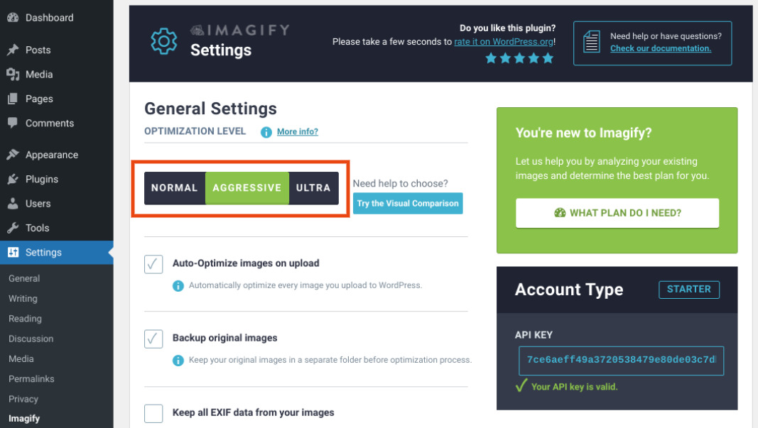 The Imagify plugin settings.