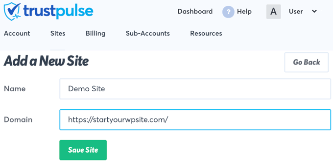 Add Your Website Details to TrustPulse