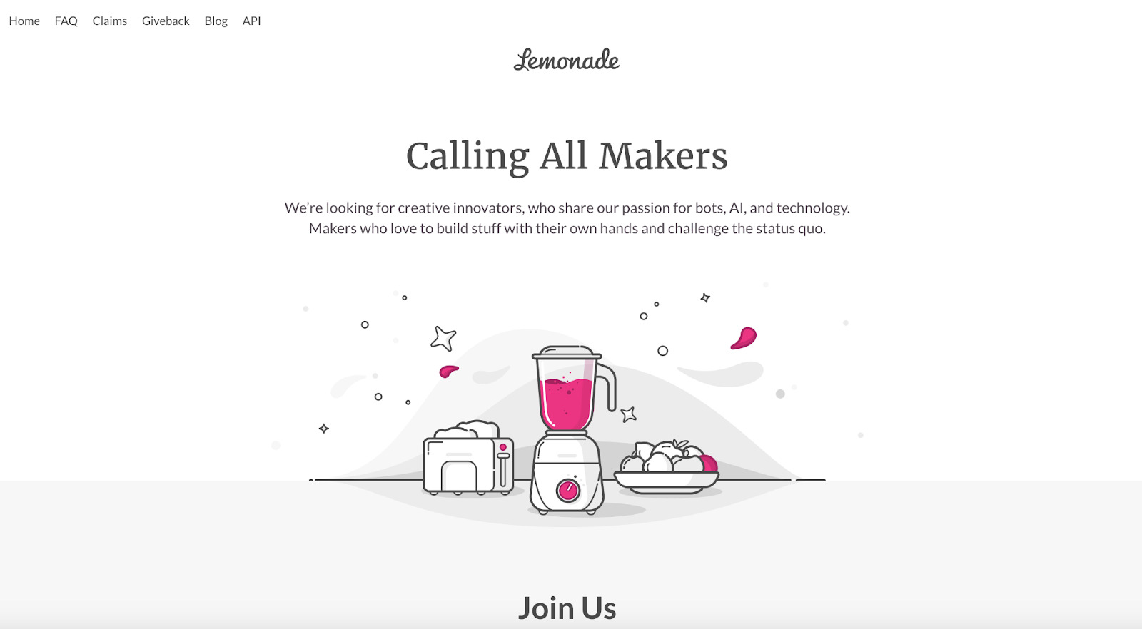 Lemonade recruits new team members on its valuable About Us page.