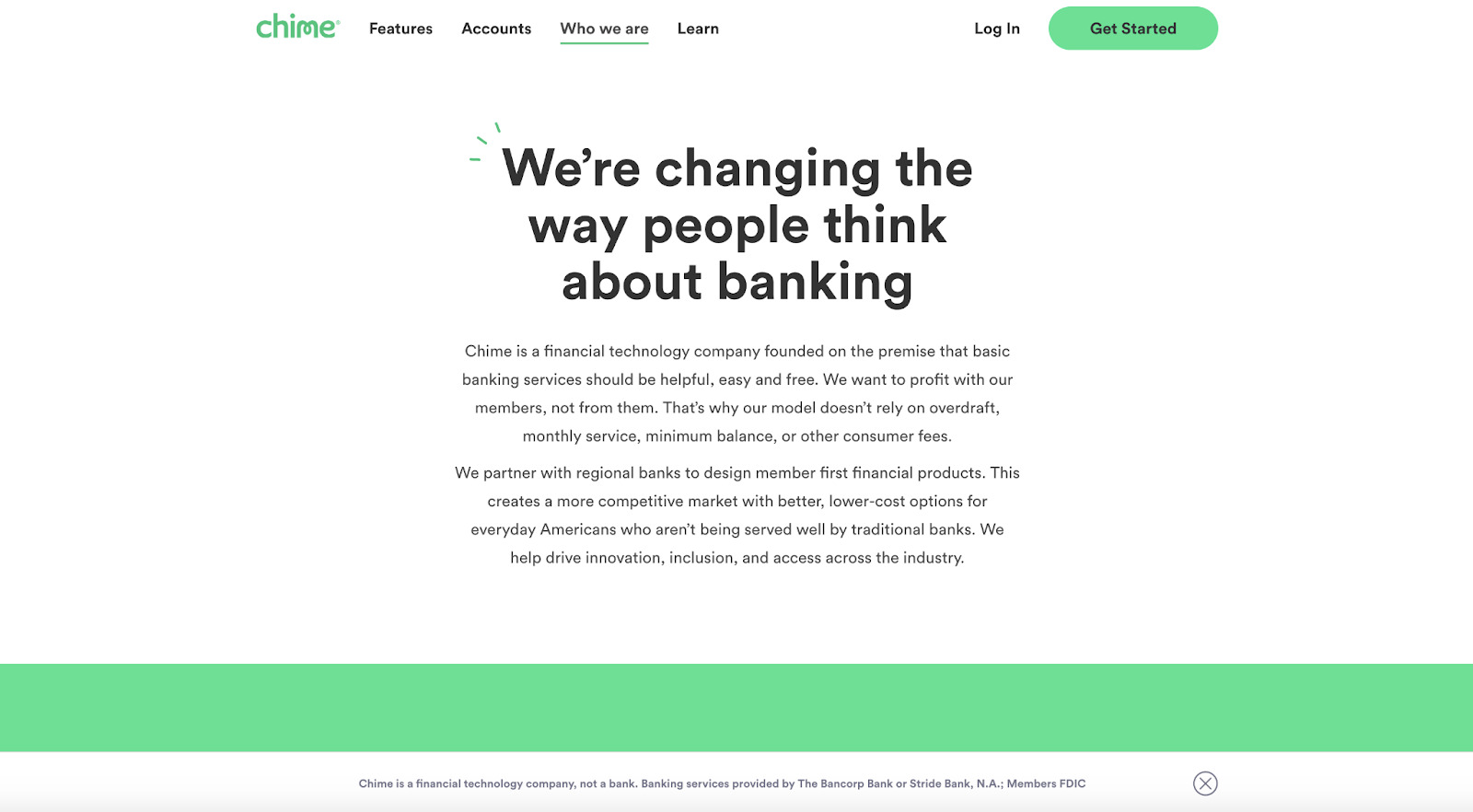 Chime uses black text with a splash of green to make its About Us page pop.