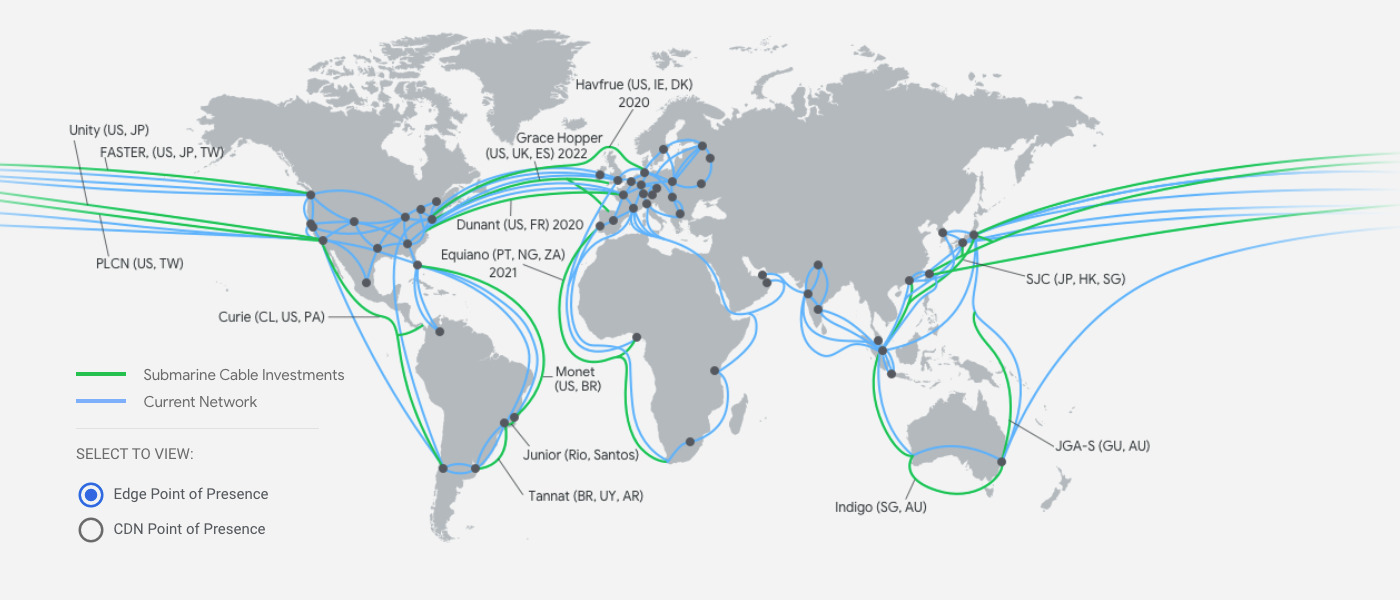A world map of the Google Cloud network.