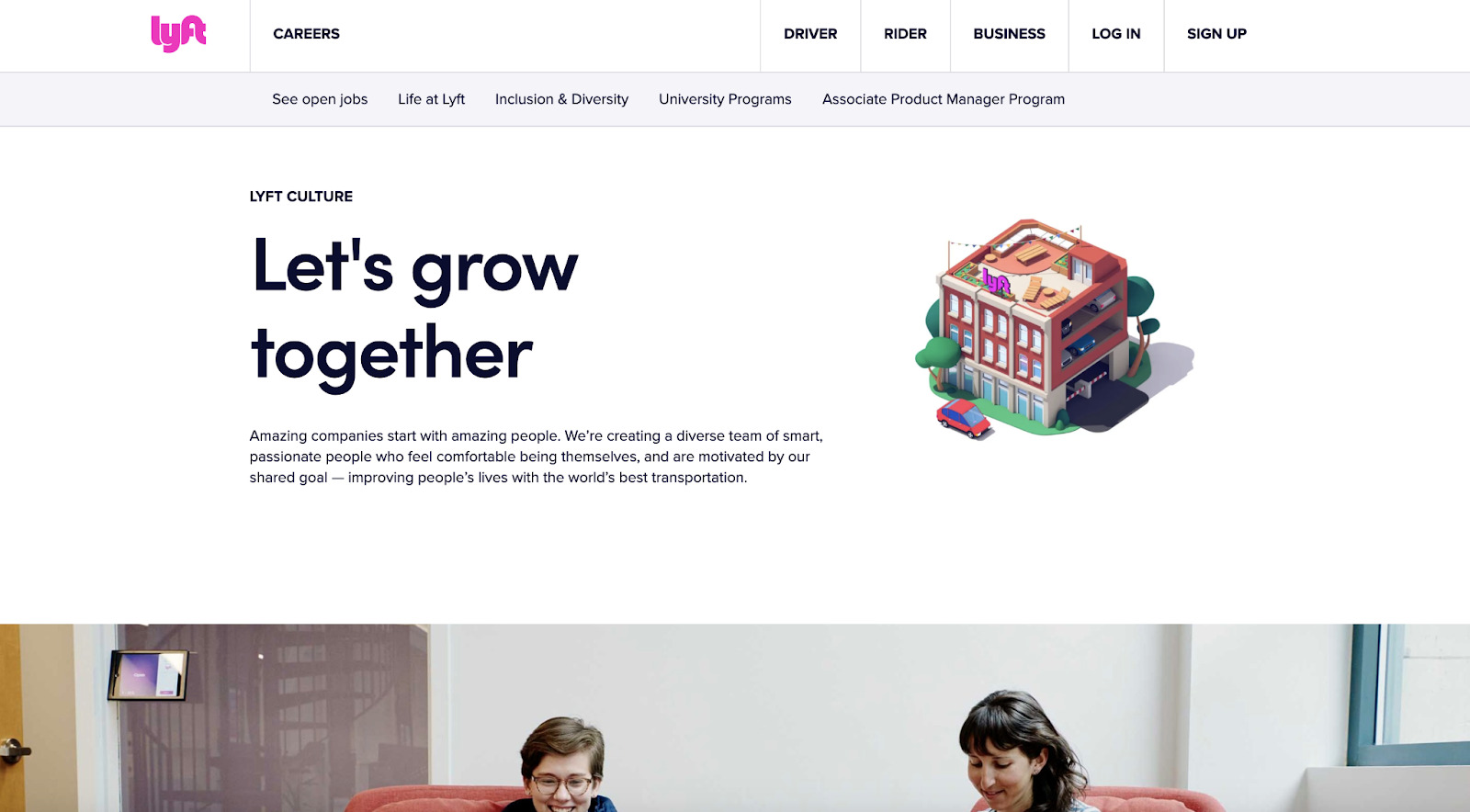 Lyft harnesses the values of teamwork and togetherness in its About Us page.