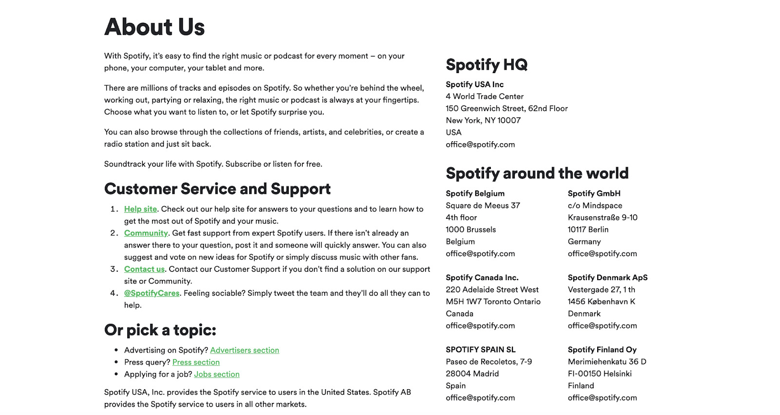 Only essential information is found on Spotify’s About Us page.