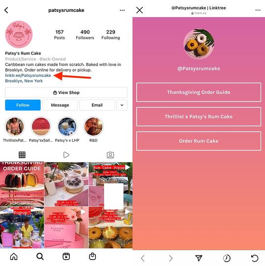 example of a linktree in Instagram profile: patsy's rum cake