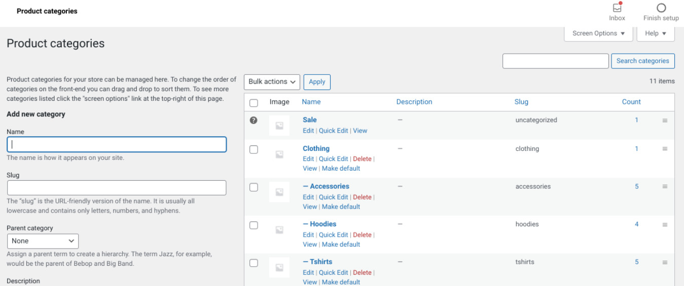 The Product categories screen of WooCommerce.