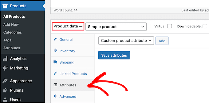Go to product data attributes section