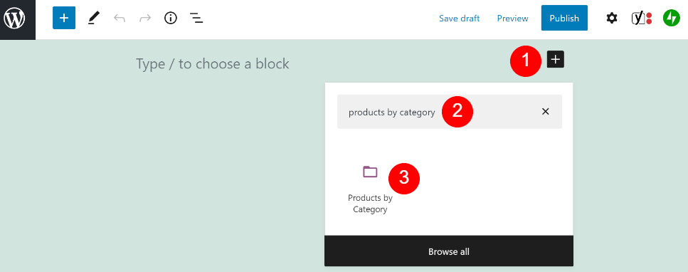 Inserting the Products by Category block.