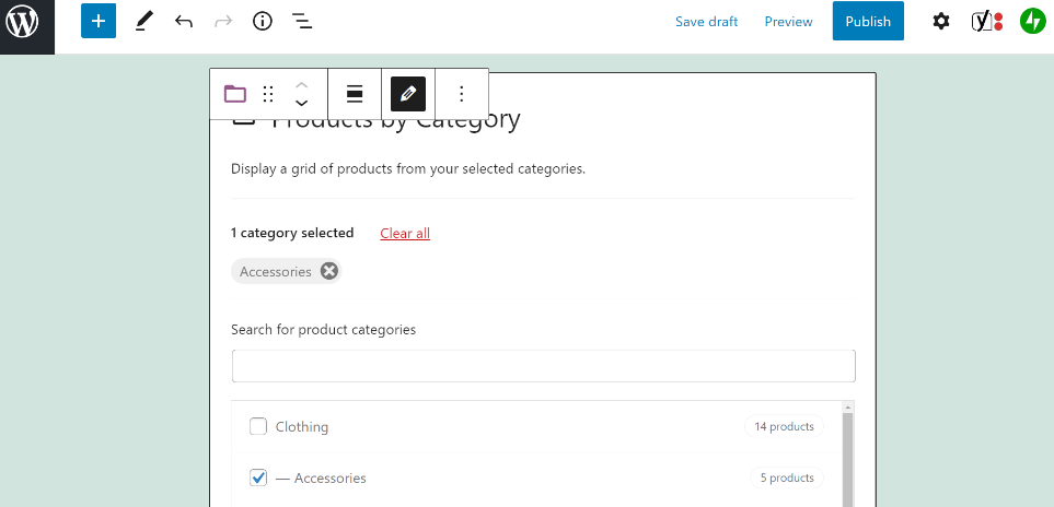 Selecting a category in the Products by Category block.