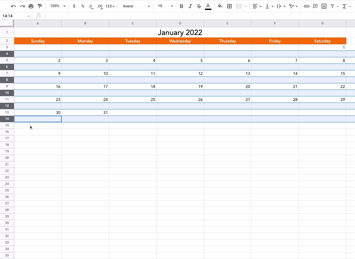 Expanding the cells in a Google Sheets calendar