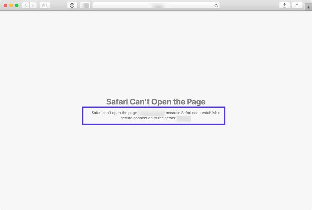 A screenshot of the “Safari can’t establish a secure connection to the server” error.