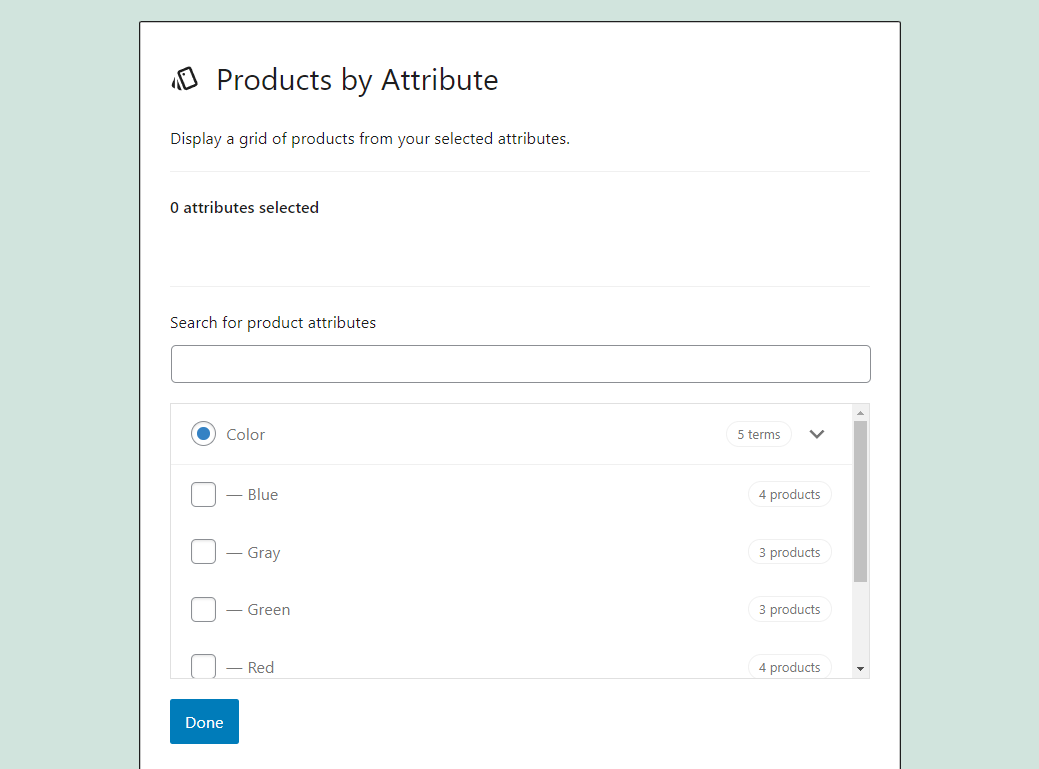 A list of product attributes. 