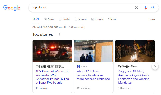 Top stories snippet in Google