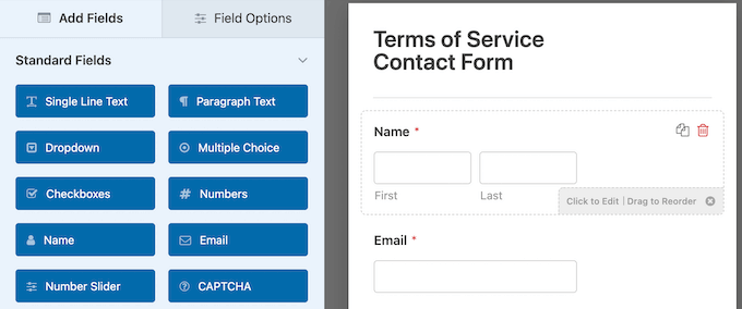 Terms of service contact form editor screen