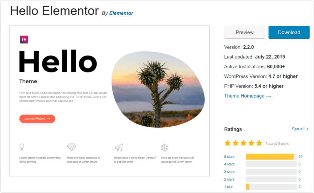 2019 Most Popular Theme, Honorable Mention – Hello Elementor