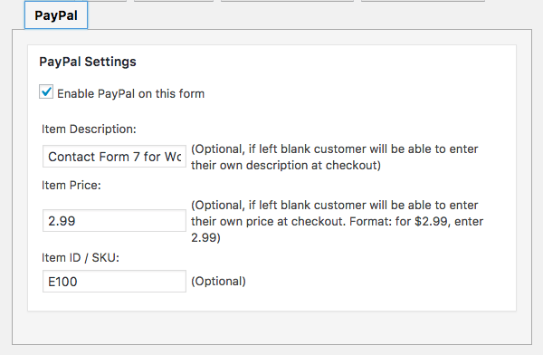 Enable PayPal on a form and set item description, price and item ID