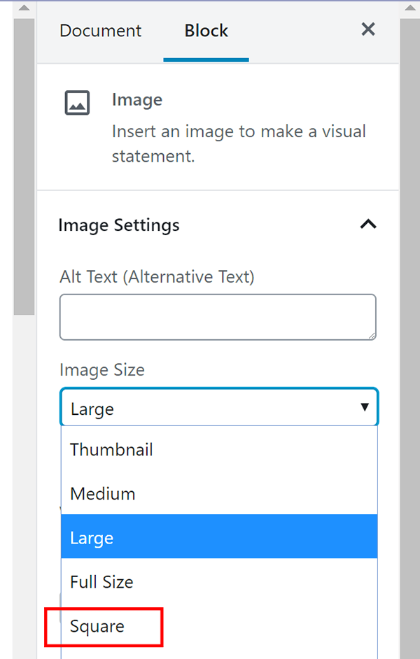 Screenshot Gutenberg Image Block Sizes Dropdown