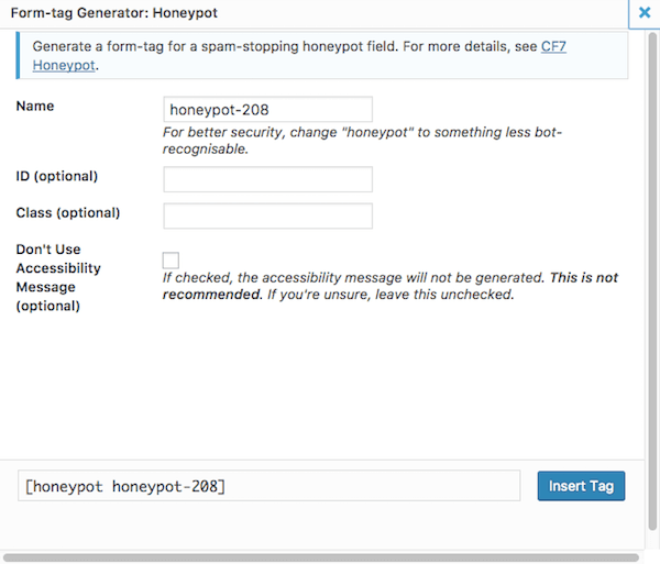 The honeypot tag generation dialog recommends renaming the form tag from honeypot and not disabling the accessibility message