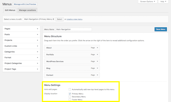 WordPress Menus - Menu Settings section