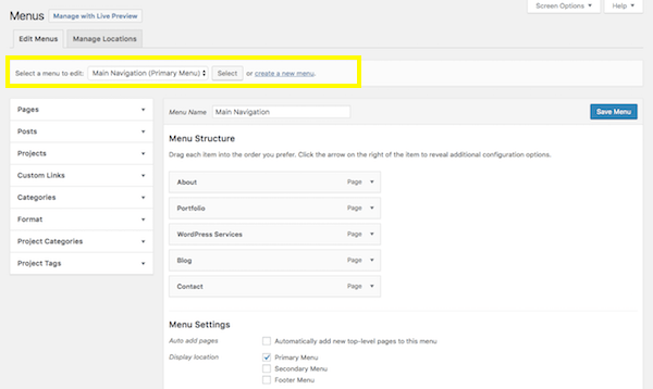WordPress Menus screen.