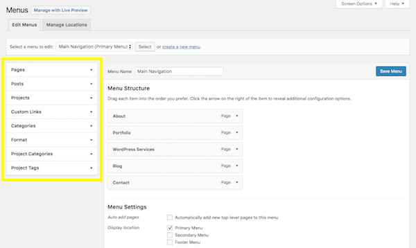 WordPress Menus screen - sidebar section.