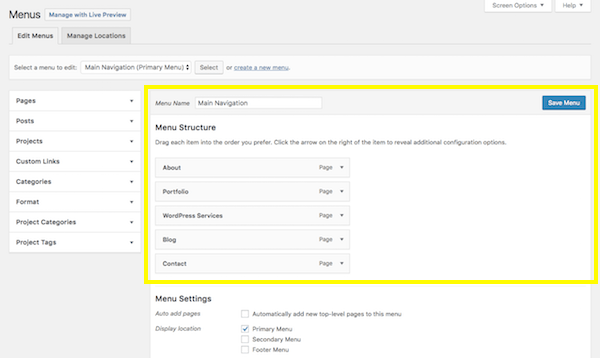 WordPress Menu screen - Menus Structure section.