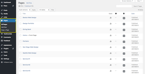 WordPress Pages screen.
