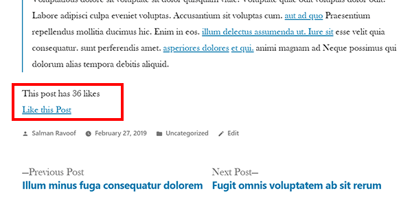 Screenshot showing our simple post like counter on the frontend of a post. 