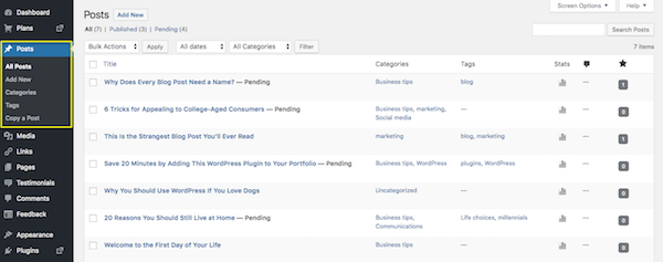WordPress Posts screen.
