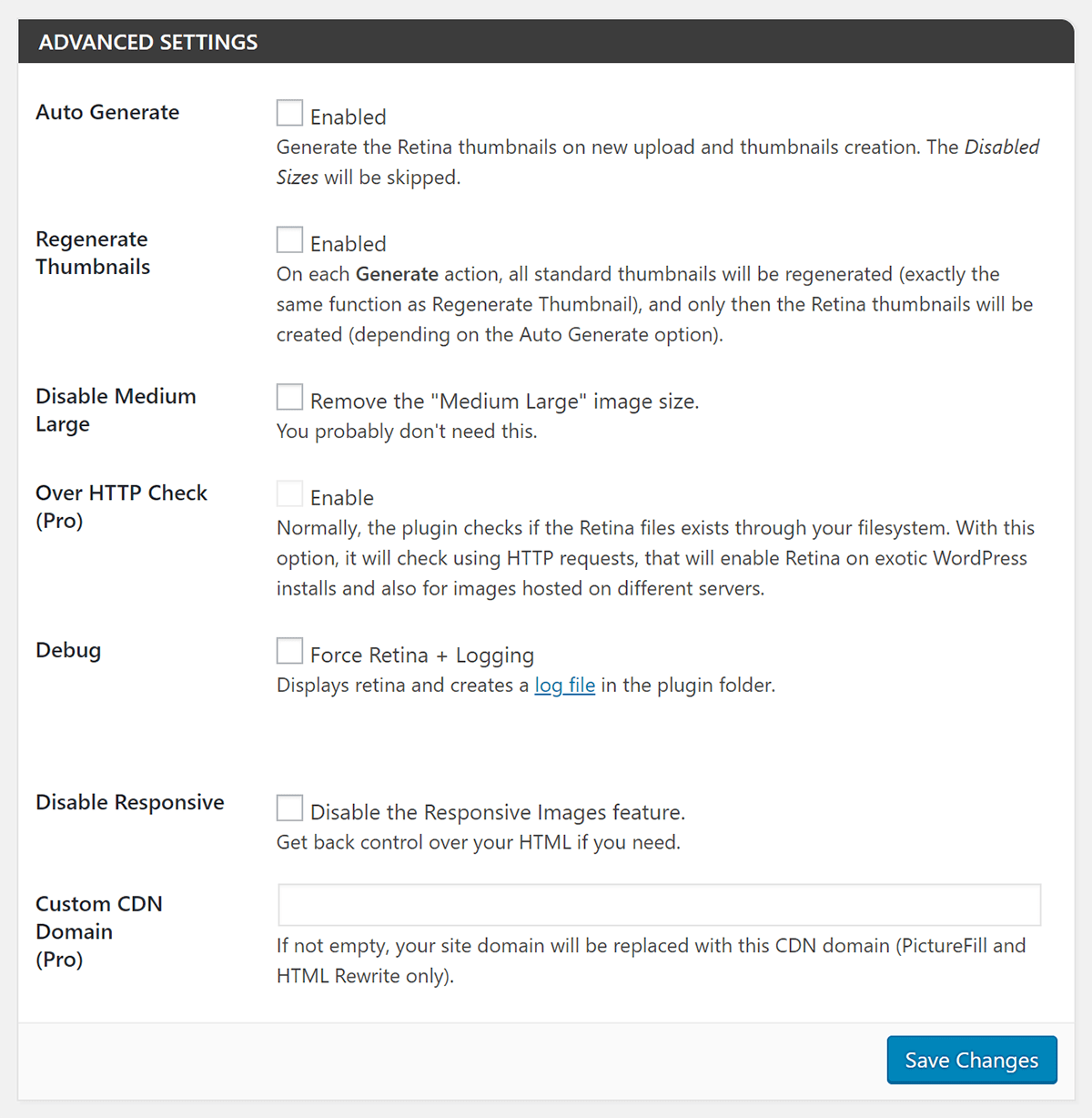 Screenshot WP Retina 2x Advanced Settings