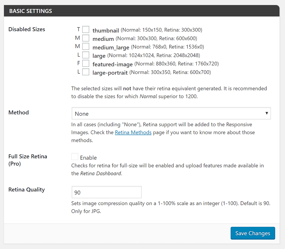 Screenshot of WP Retina 2x basic settings