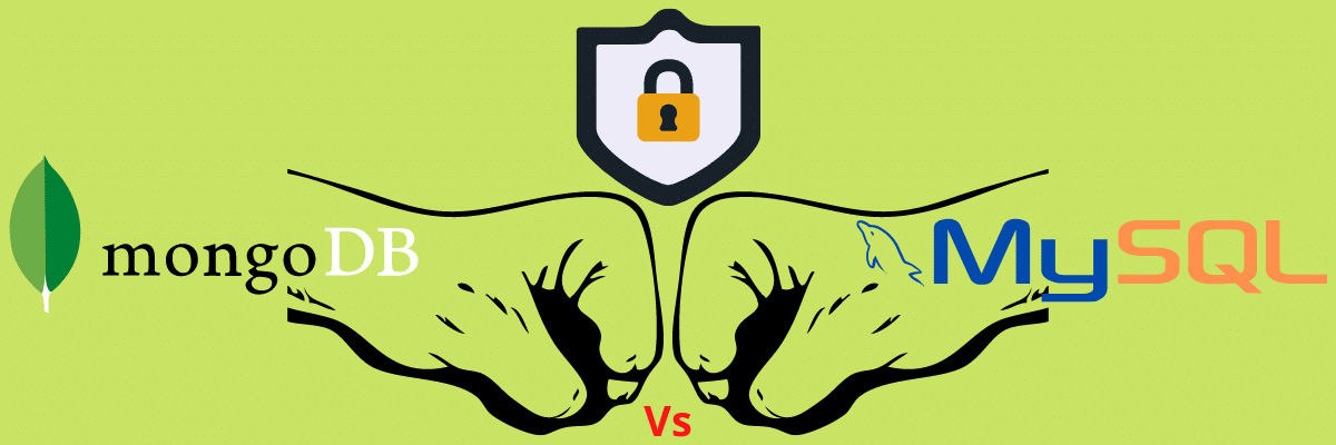 Comparing Security for MongoDB and MySQL, by showing two punching hands opposite to each other and a security sign on the upper middle