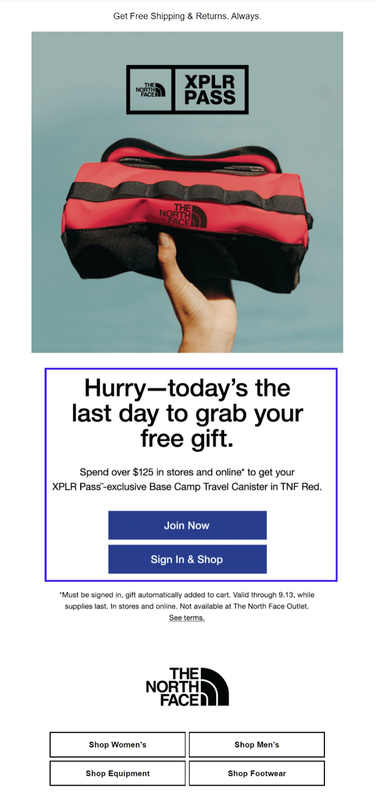 The North Face email newsletter with CTAs
