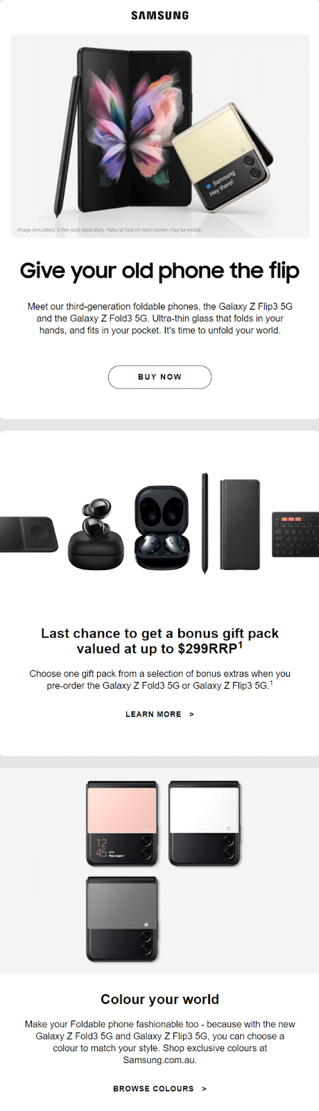 Product announcement email from Samsung