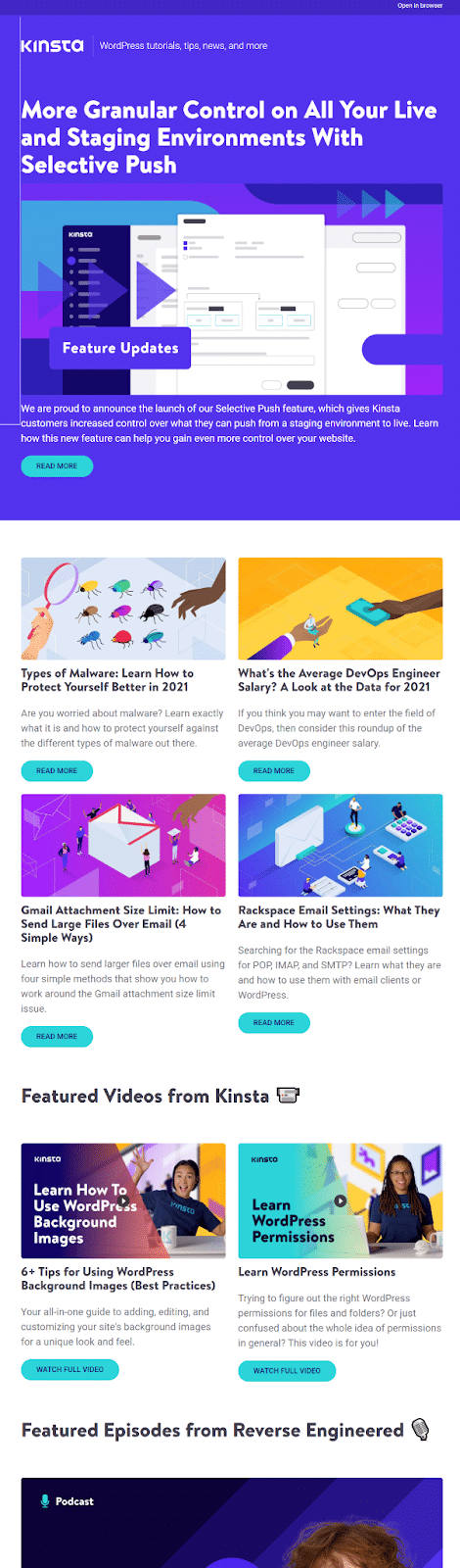 Kinsta product feature announcement email newsletter