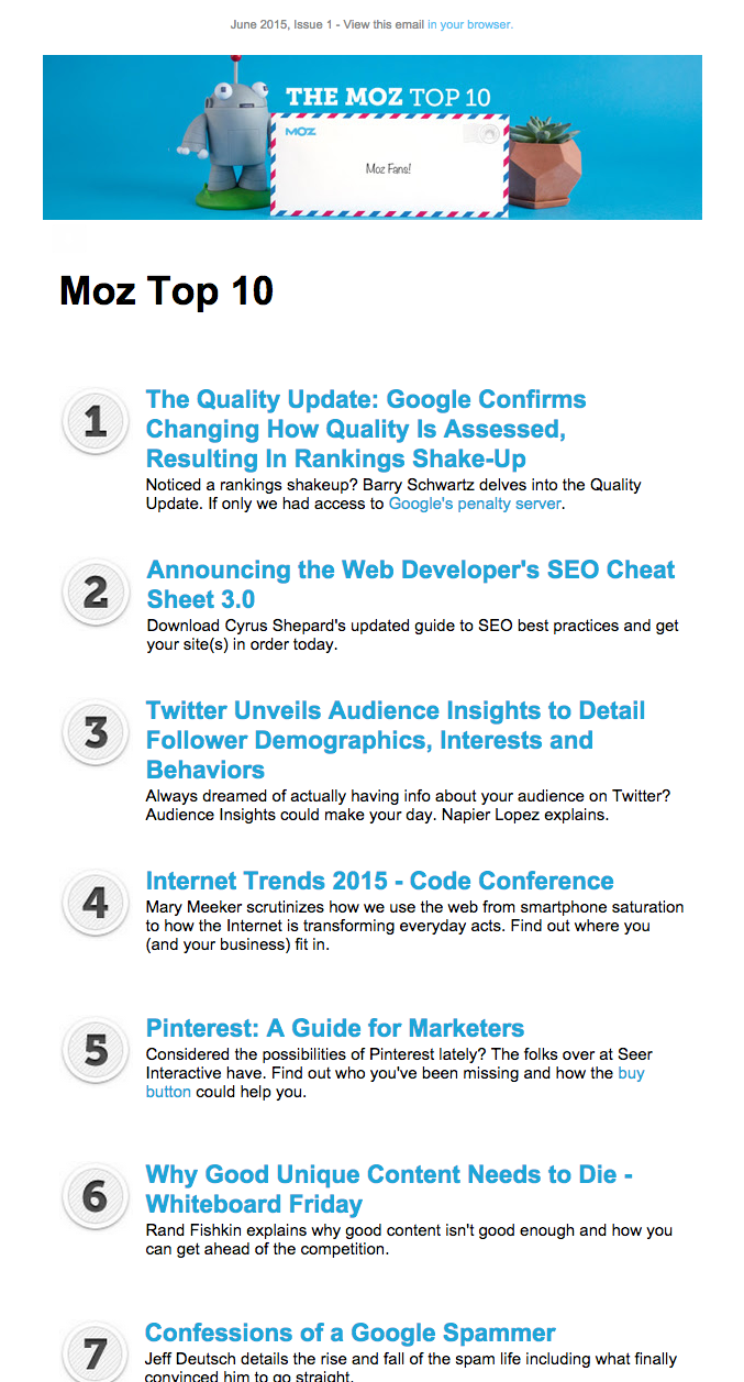 Moz Top 10 curated content email newsletter 