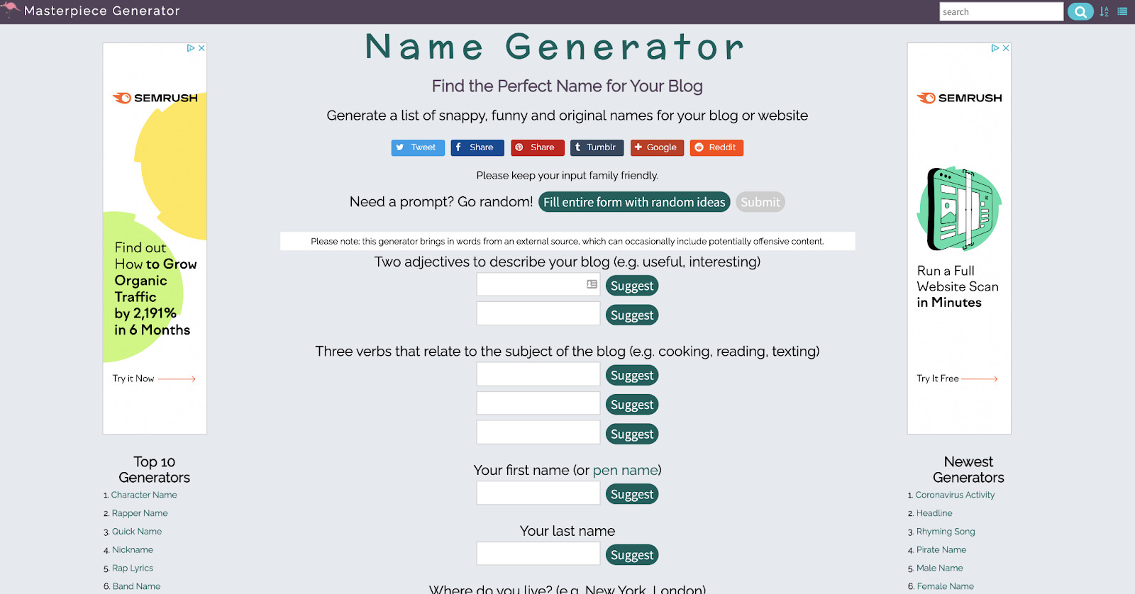 Masterpiece Generator can help link your blog name ideas
