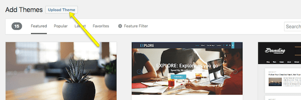 WordPress Add Themes screen with Upload Theme button highlighted.