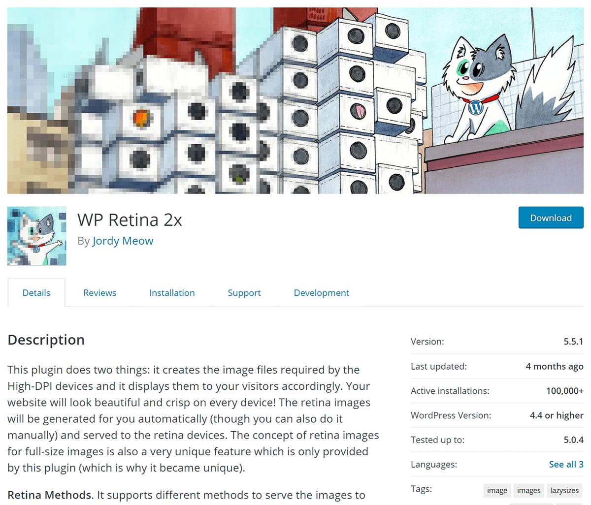 Screenshot of WP Retina 2x plugin on wordpress.org