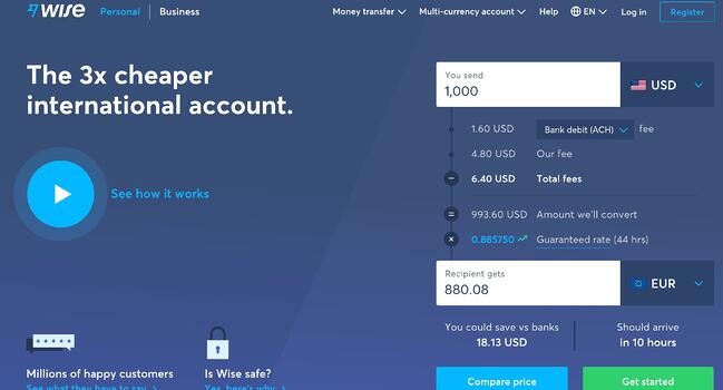 Wise sign-up landing page with CTAs for sending money, receiving money, and debit card