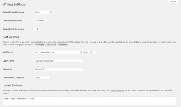 WordPress Writing Settings screen.