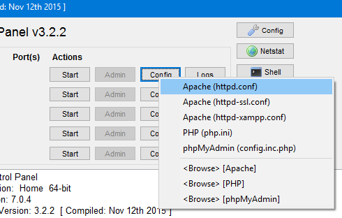 XAMPP control panel, selecting Config and then Apache httpd.conf