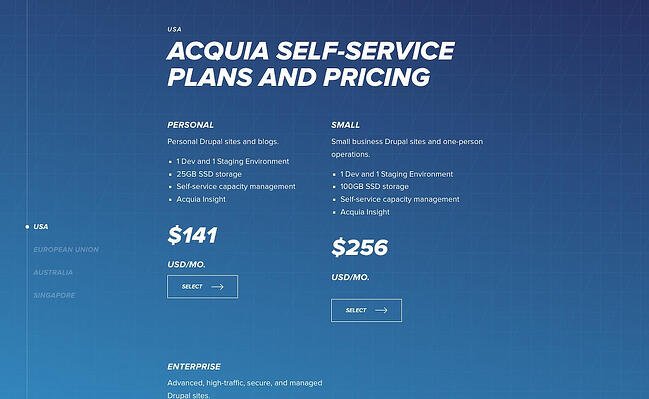 pricing page examples: acquia