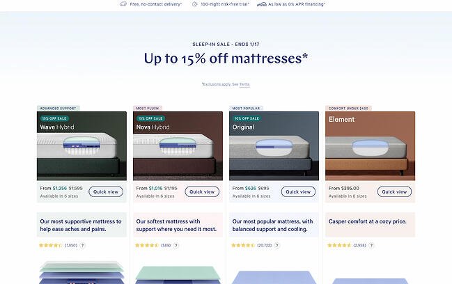 pricing page examples: casper