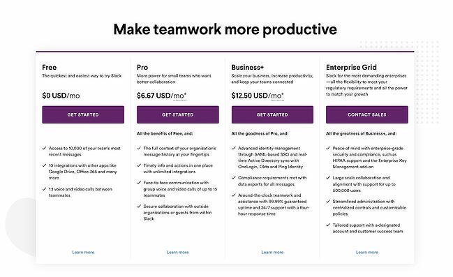 pricing page examples: slack
