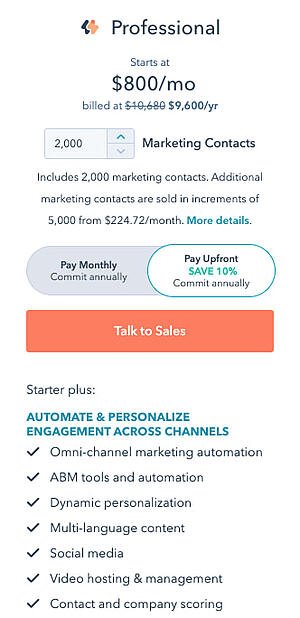 best pricing pages: hubspot marketing hub professional