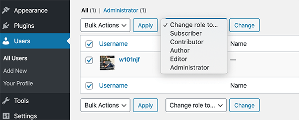 The dropdown to change roles in WordPress’ admin.