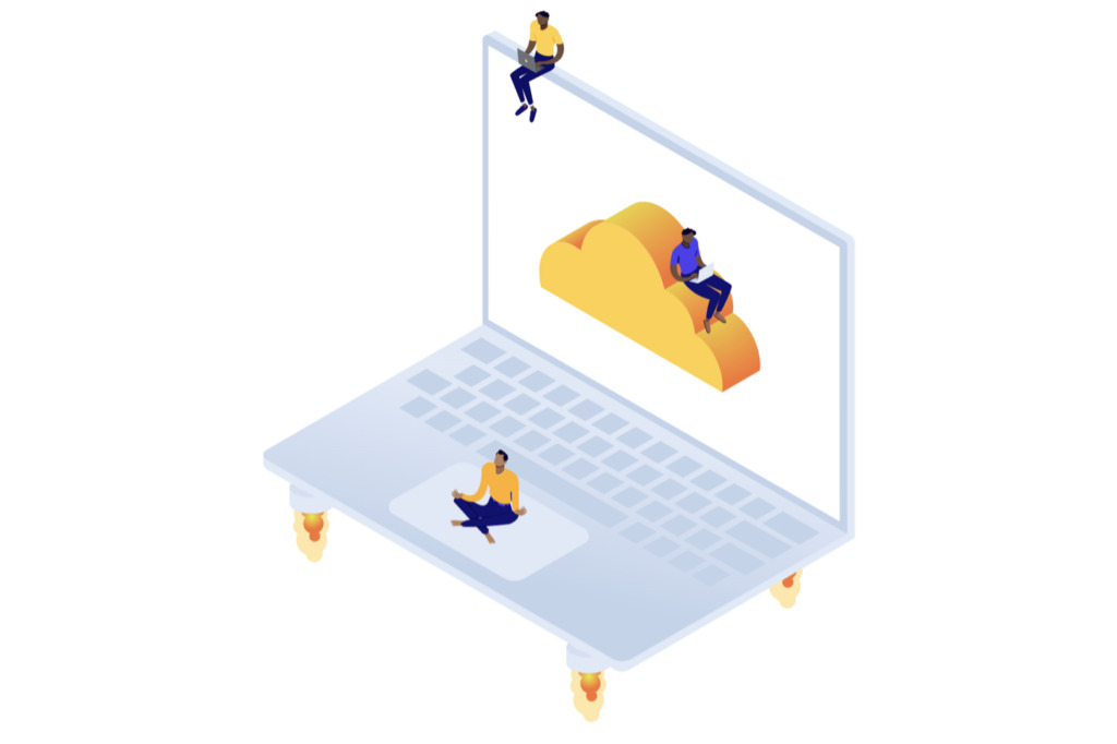 Illustration of small human figures sitting on a giant laptop, the screen of which shows another figure lounging on a yellow cloud.