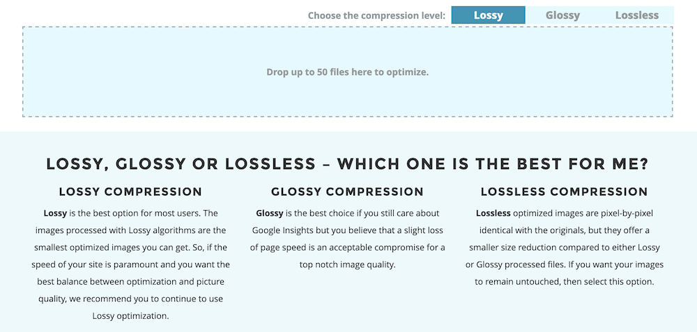 The compressions options within ShortPixel, showing the options to choose a compression level of "Lossy," "Glossy," or "Lossless."