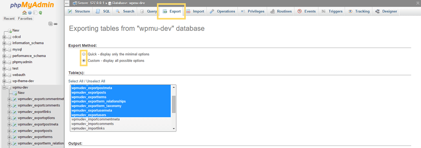 phpMyAdmin Database Export Options