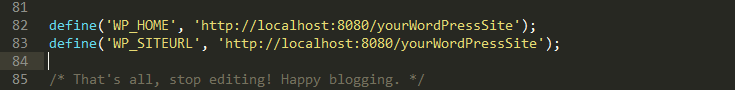 Define your site and home url as localhost:8080 in wp-config